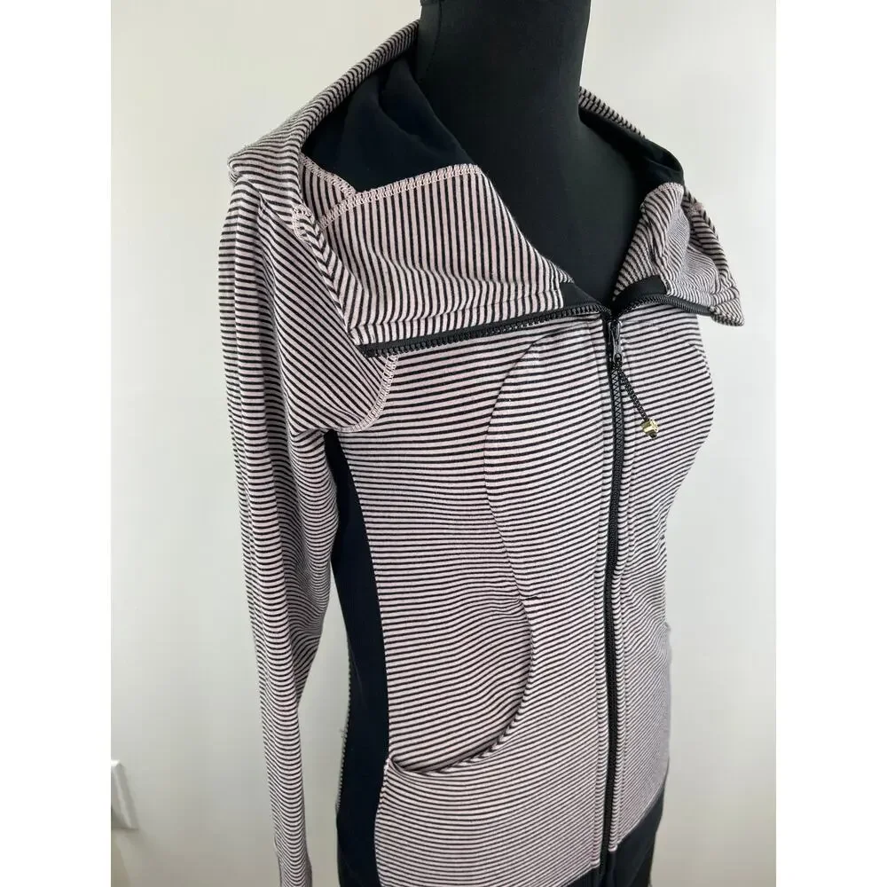 Lululemon Run Go The Distance Pink Black Stripe Front Zip LS Scuba Hoodie 6 S M